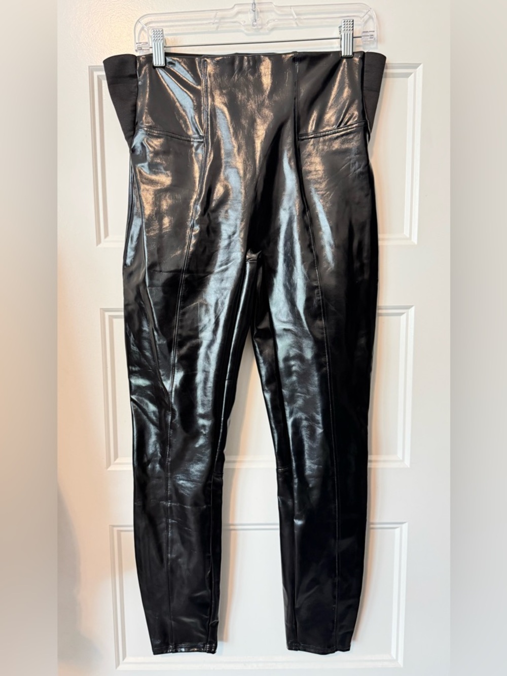 SPANX Faux Leather Leggings Medium Black High Rise Ponte Side Panels Shaping